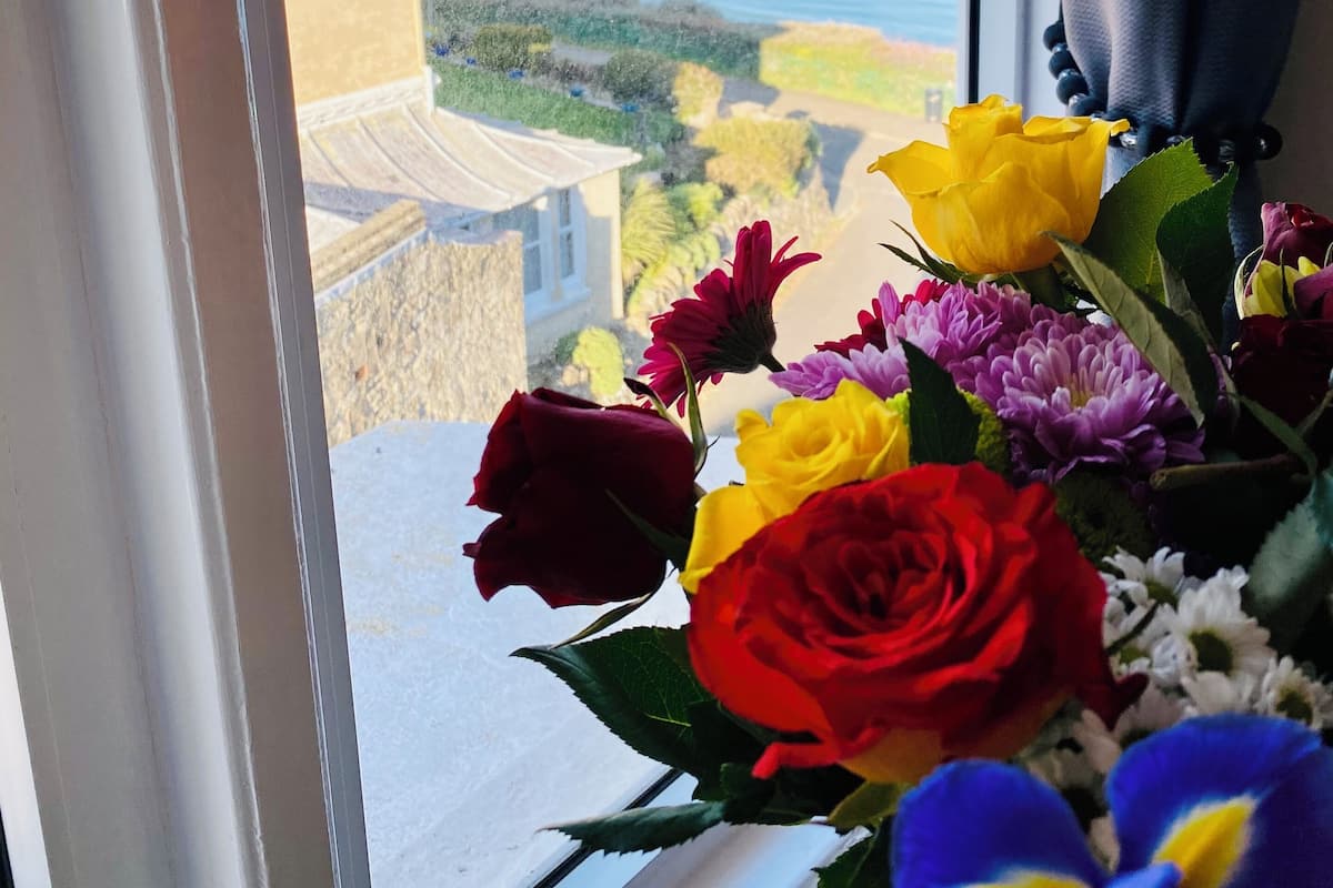 A window with a view of the sea and a bouquet of flowers on a windowsill.
