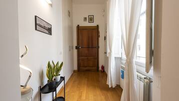 Un pasillo con piso de madera, una planta en maceta, un estante negro y una puerta al final.