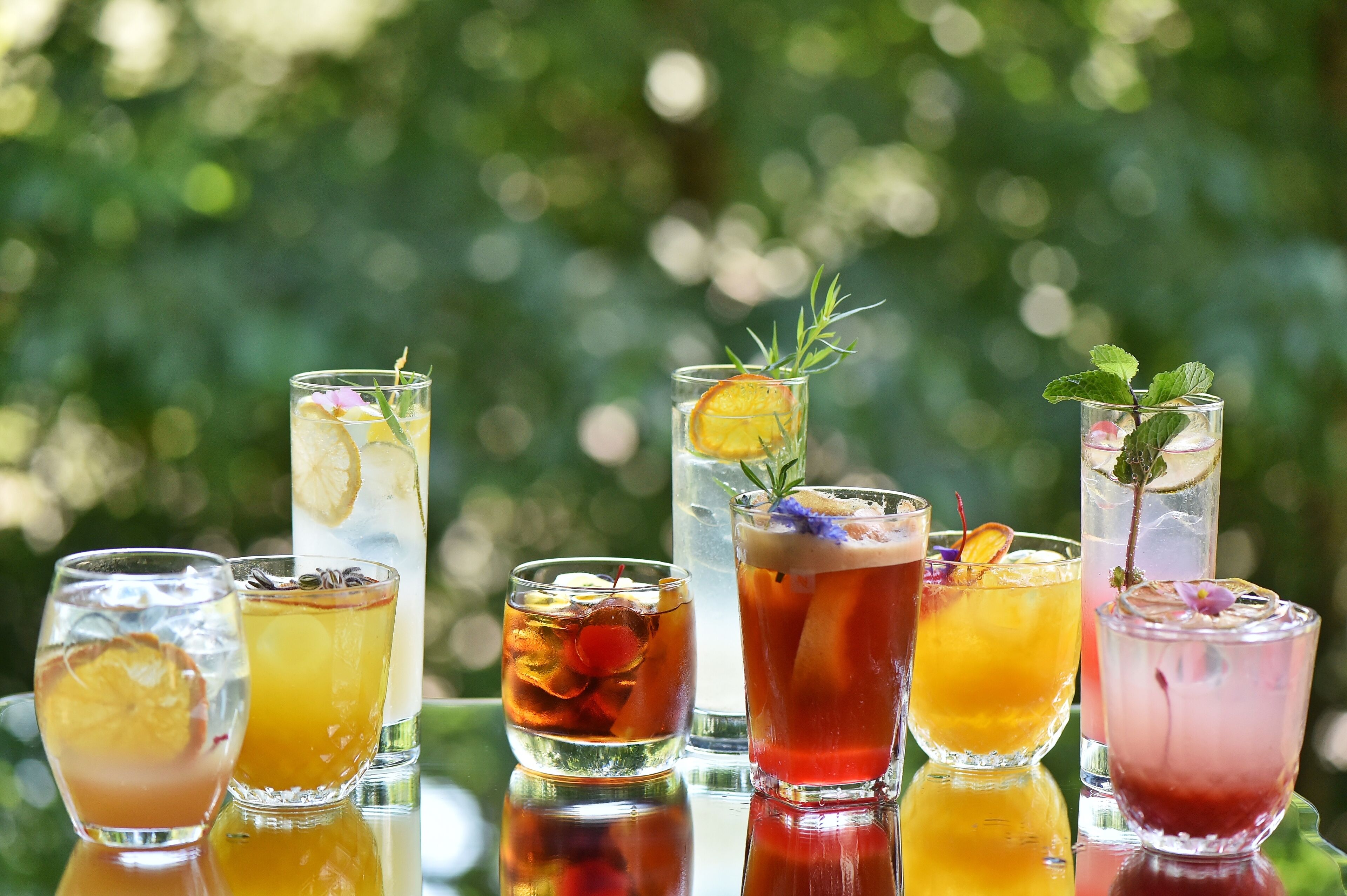 Verschillende kleurrijke cocktails met garnering, gepresenteerd op een reflecterend oppervlak met een onscherpe groene achtergrond.