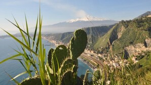 A coastal landscape with a cactus in the foreground, a mountain in the background, and a town along the coastline. - Villa Bonaccorso - Il Casotto il Limone Verde (Viagrande)