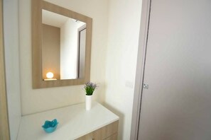 A bathroom with a white vanity, a mirror, a small potted plant, and a blue soap dish.
