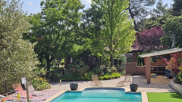 Ein Schwimmbecken mit Liegestühlen, umgeben von Bäumen und einem Garten.
