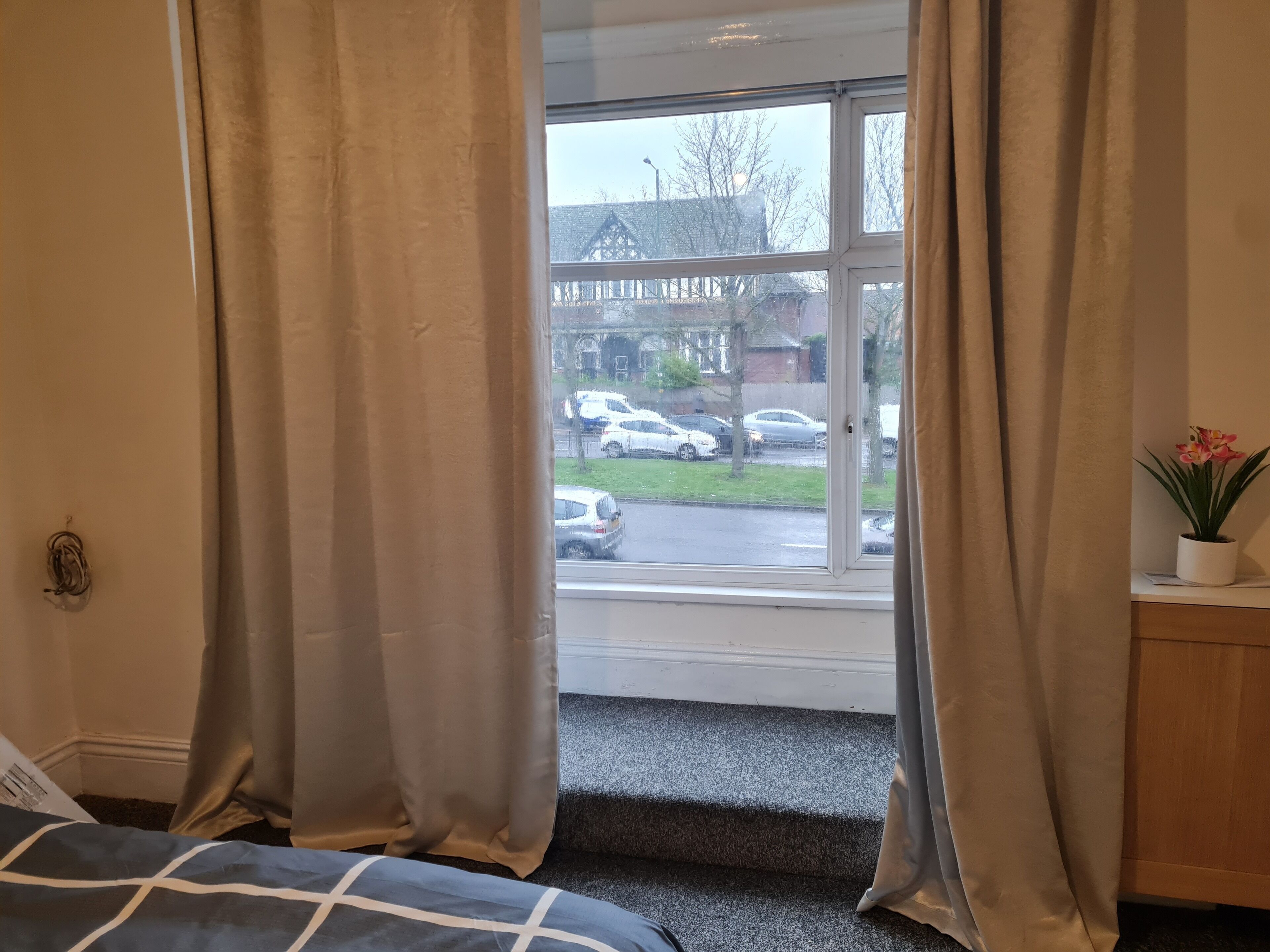 Une chambre d’hôtel avec un lit, une fenêtre avec des rideaux, une plante sur une table de chevet et une vue sur les voitures garées et les bâtiments à l’extérieur.