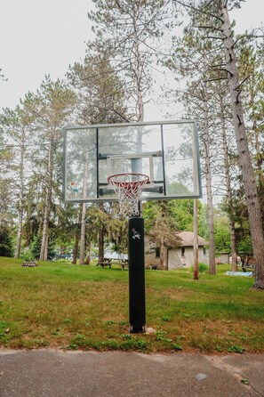 A basketball court with a hoop, surrounded by trees and a grassy area. - Old Stoney's Musky - PET FRIENDLY (Woodruff)
