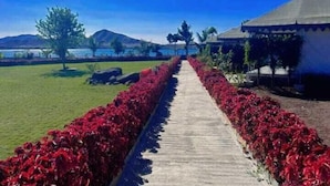 A pathway lined with red flowers leading to a building with a covered area. - Stone Water Resort  (Nashik)