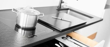 Fridge, microwave, stovetop, coffee/tea maker