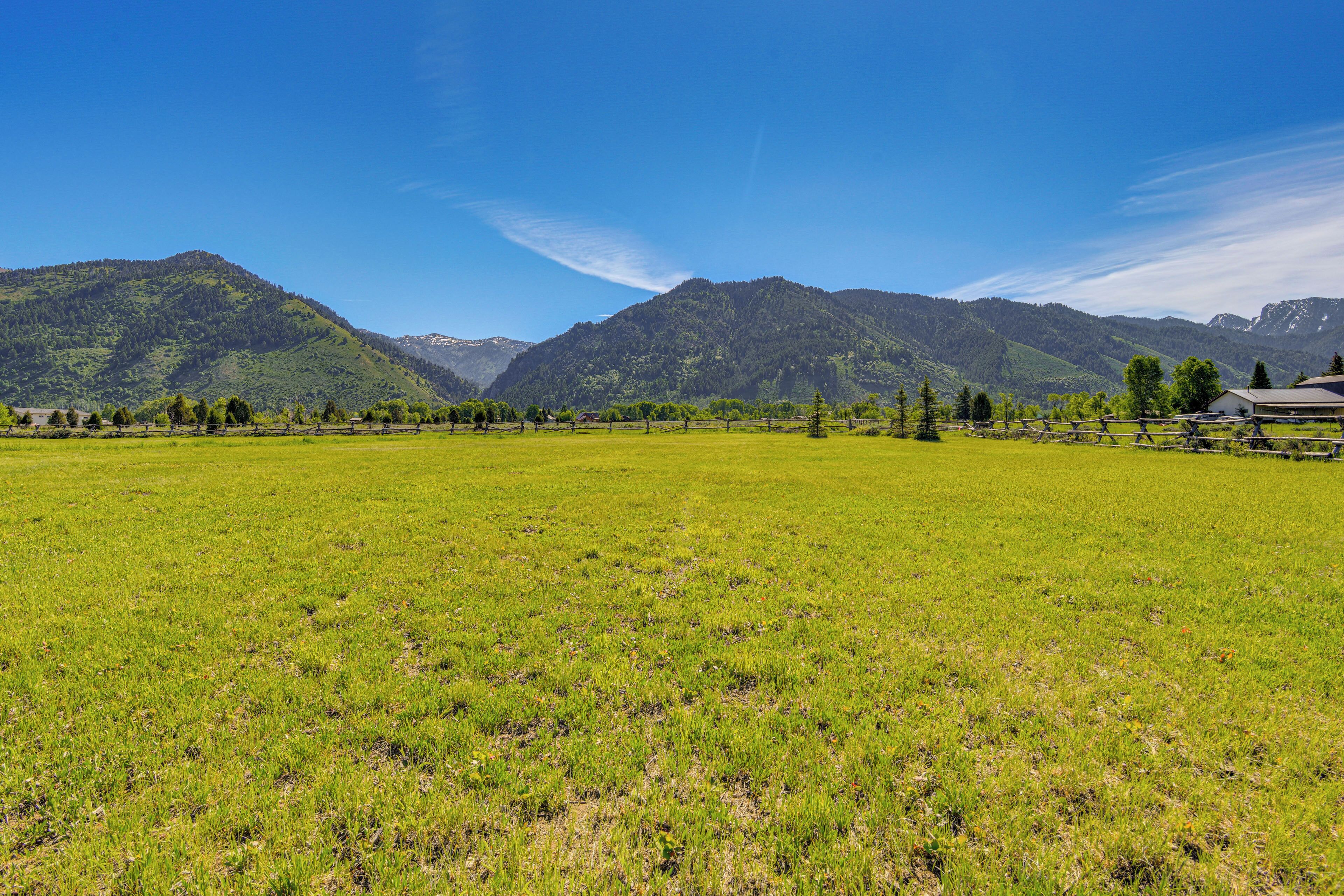 Un extenso campo cubierto de hierba con una cadena montañosa al fondo.