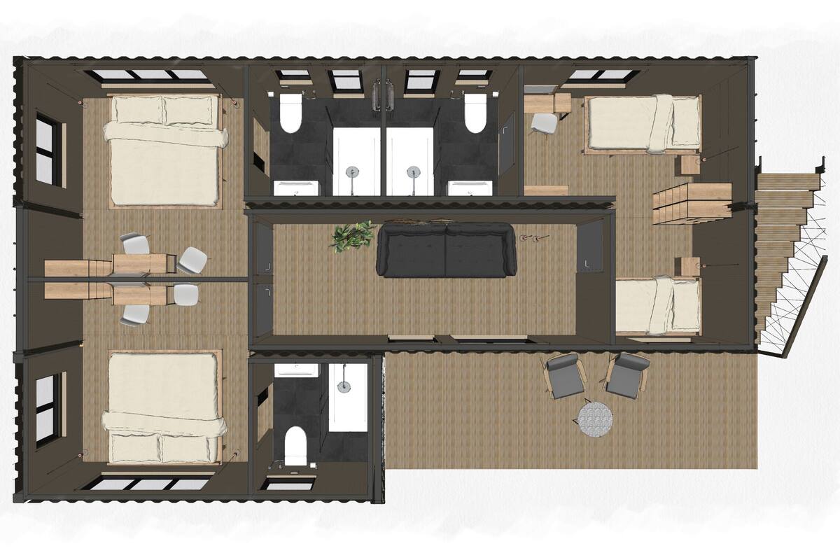 Grundriss eines Hotelzimmers mit Bett, Sofa, kleinem Tisch, Fenster und Badezimmer.