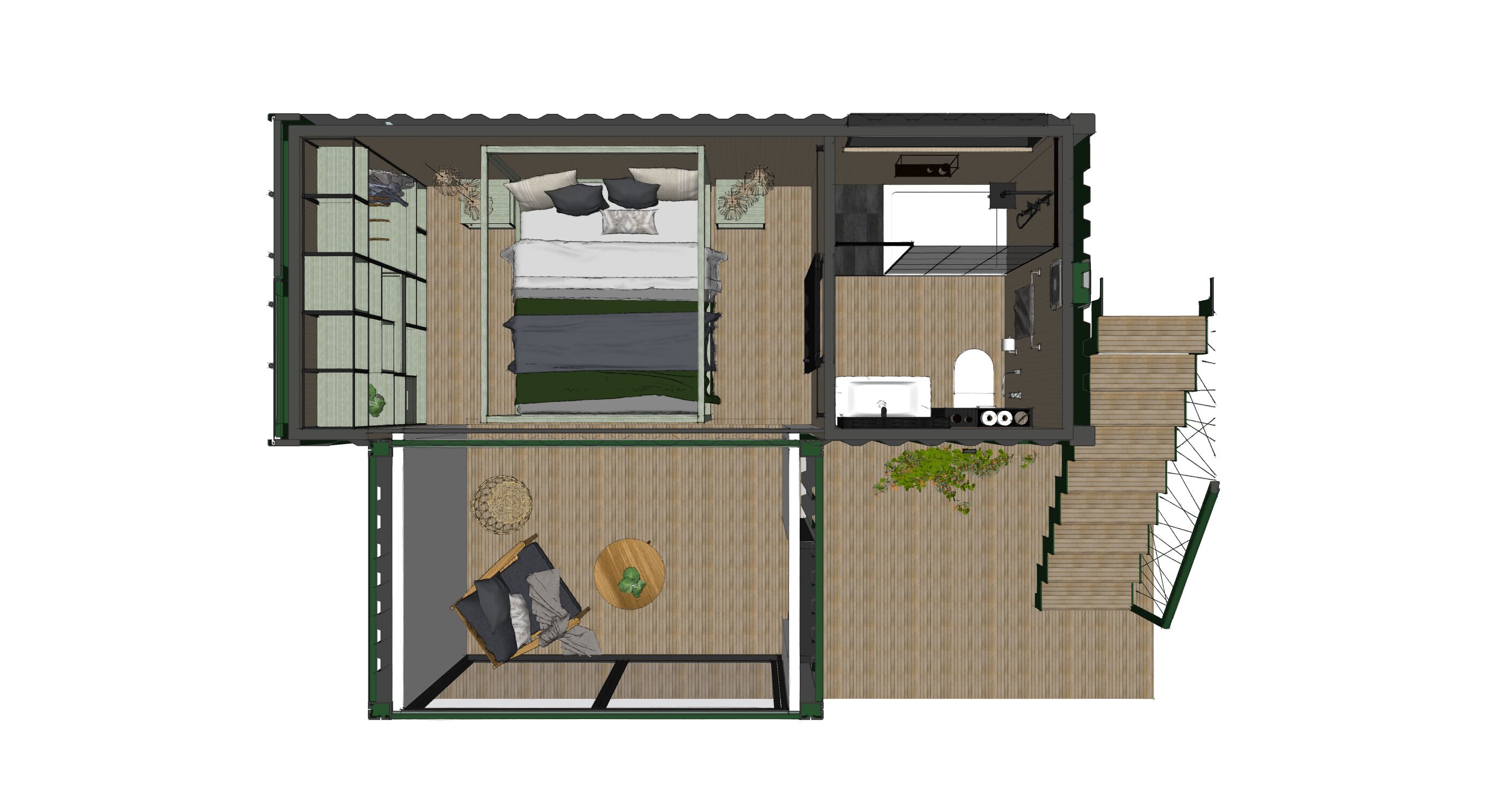 A 2D floor plan of a modern apartment with a bedroom, bathroom, and living area.