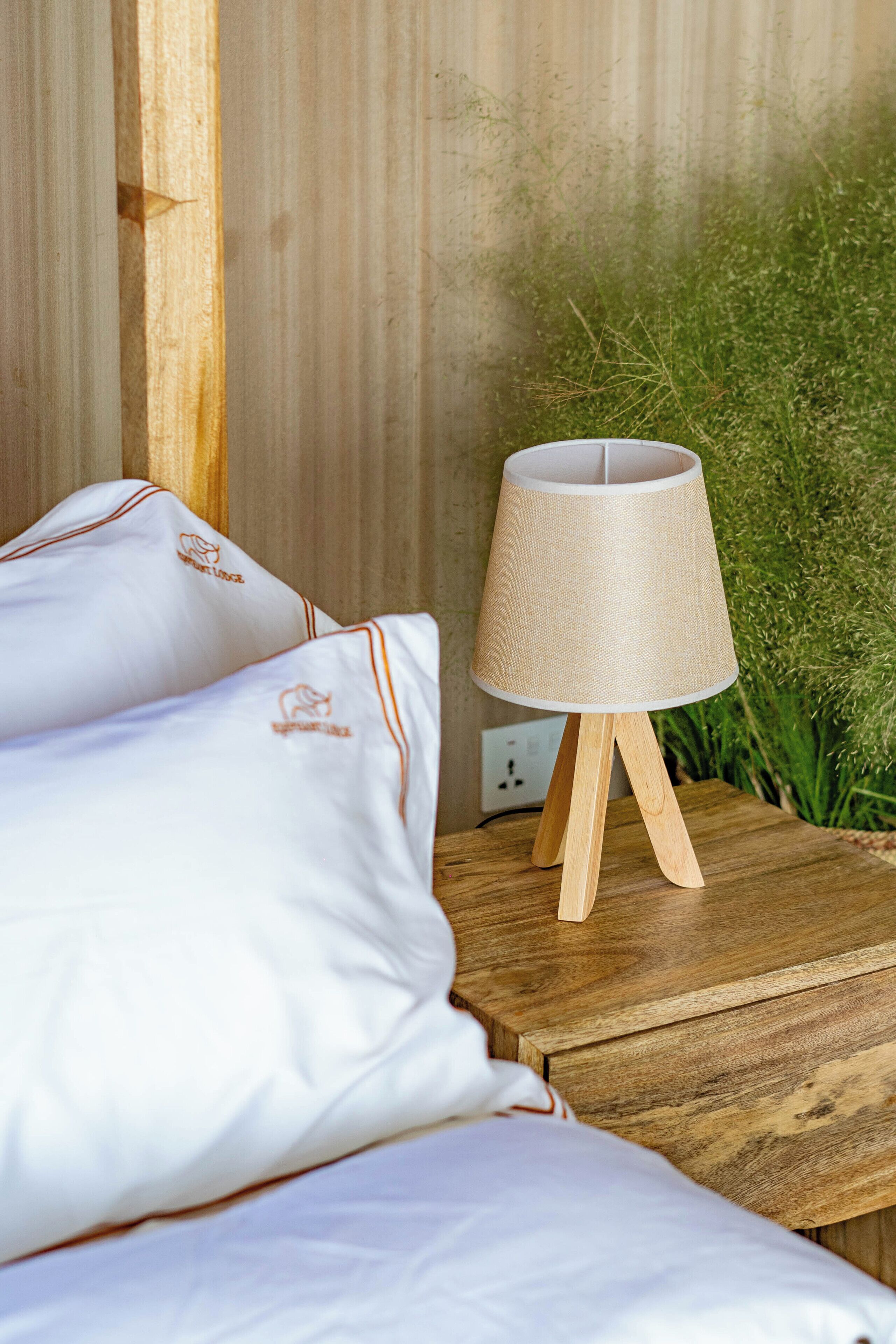 A wooden bedside table with a lamp, white pillows, and a green plant in the background.