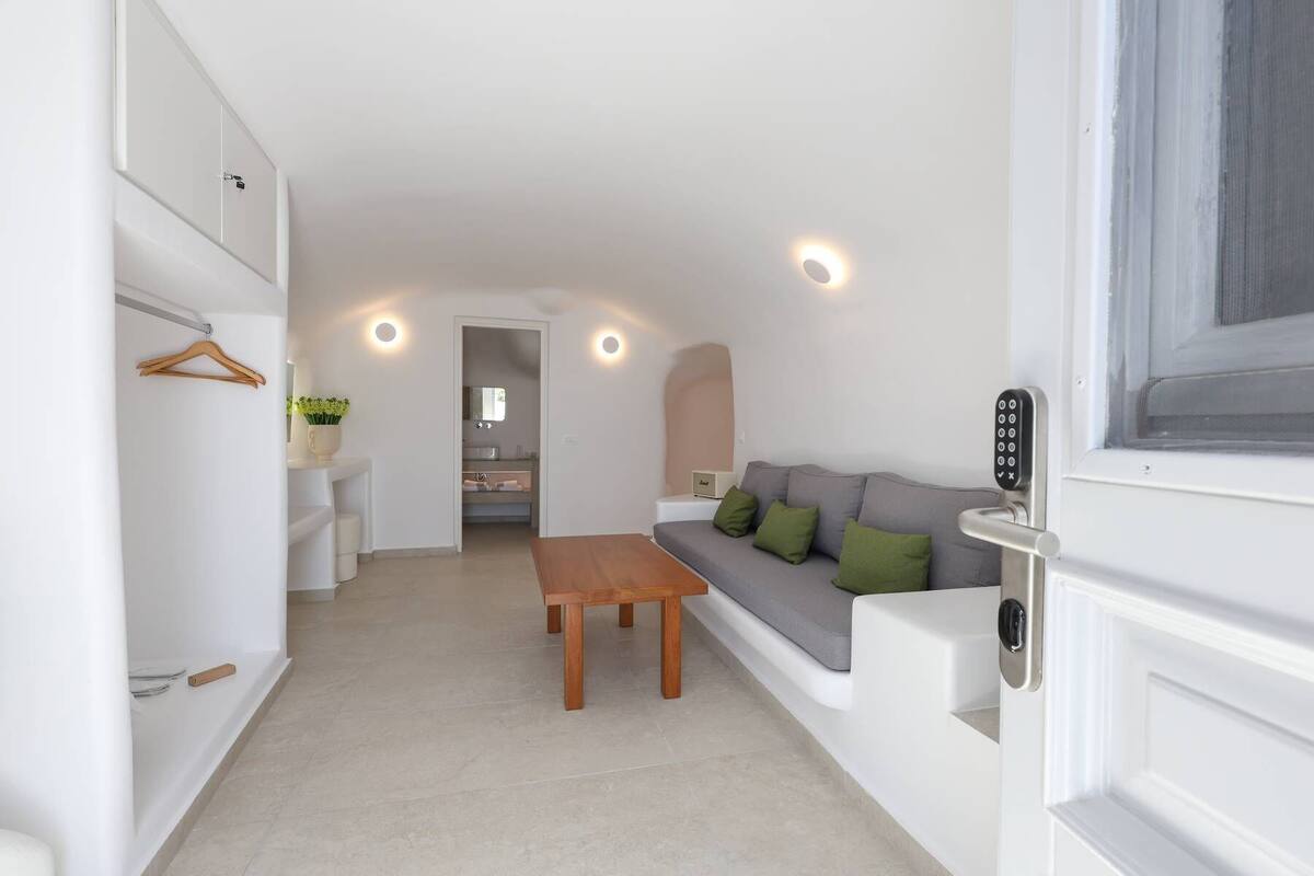 A modern, well-lit room with a sofa, a wooden table, and a hanging coat rack.