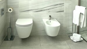 A modern bathroom with a toilet, bidet, and a glass shower enclosure.