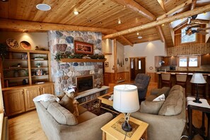 Smart TV, chimenea, libros