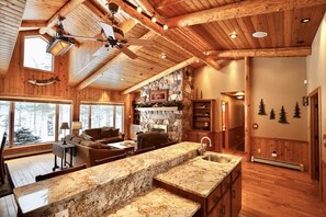 Smart TV, fireplace, books