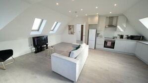 Ein modernes Loft mit Wohnbereich, Küche und Essplatz.