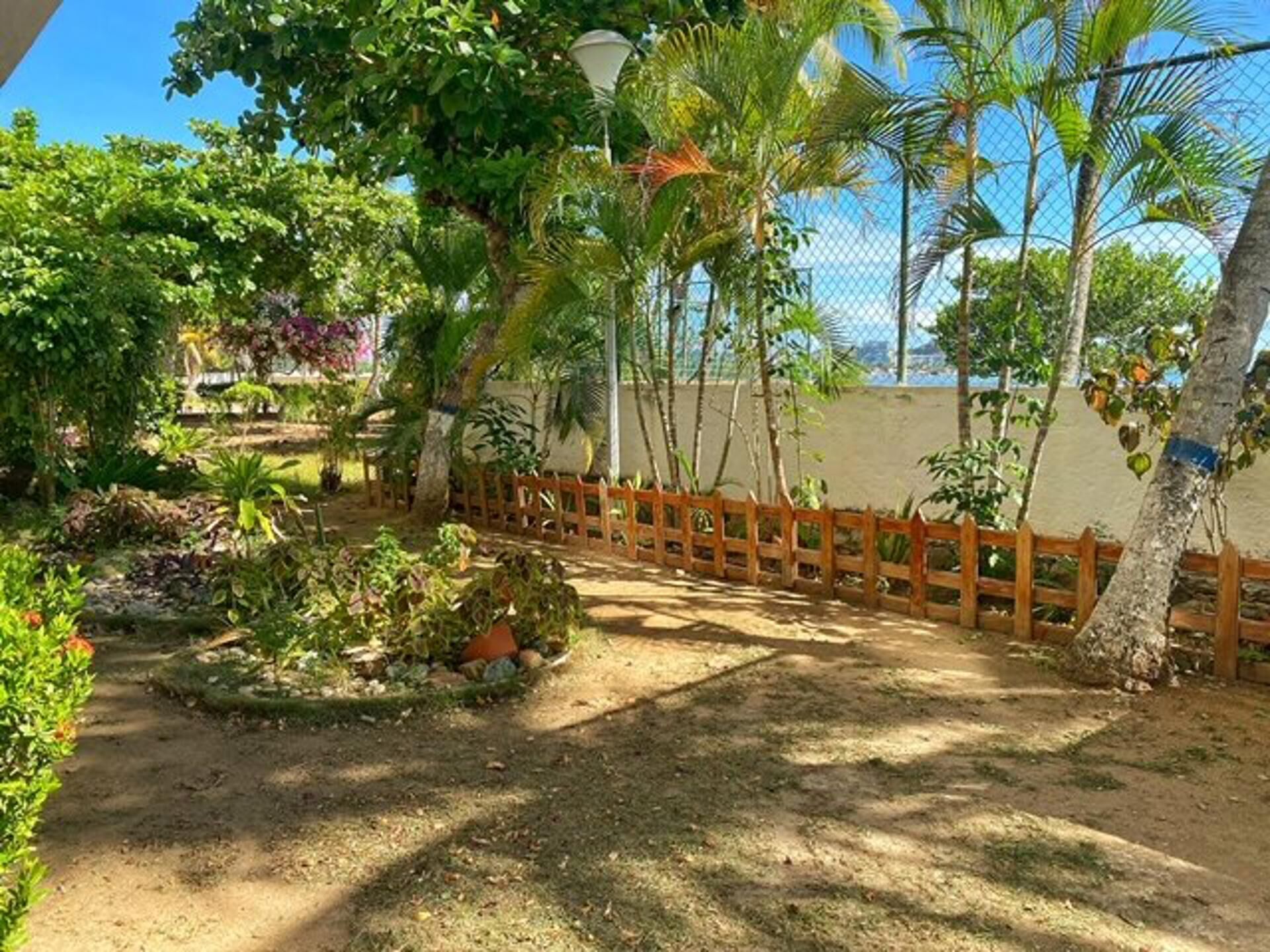 Un jardín con diversas plantas y una valla de madera.
