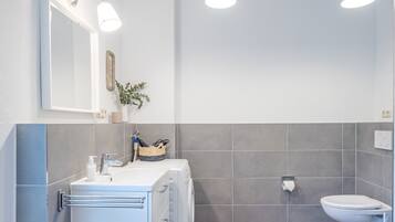 Regadera, secadora de cabello, toallas, papel de baño