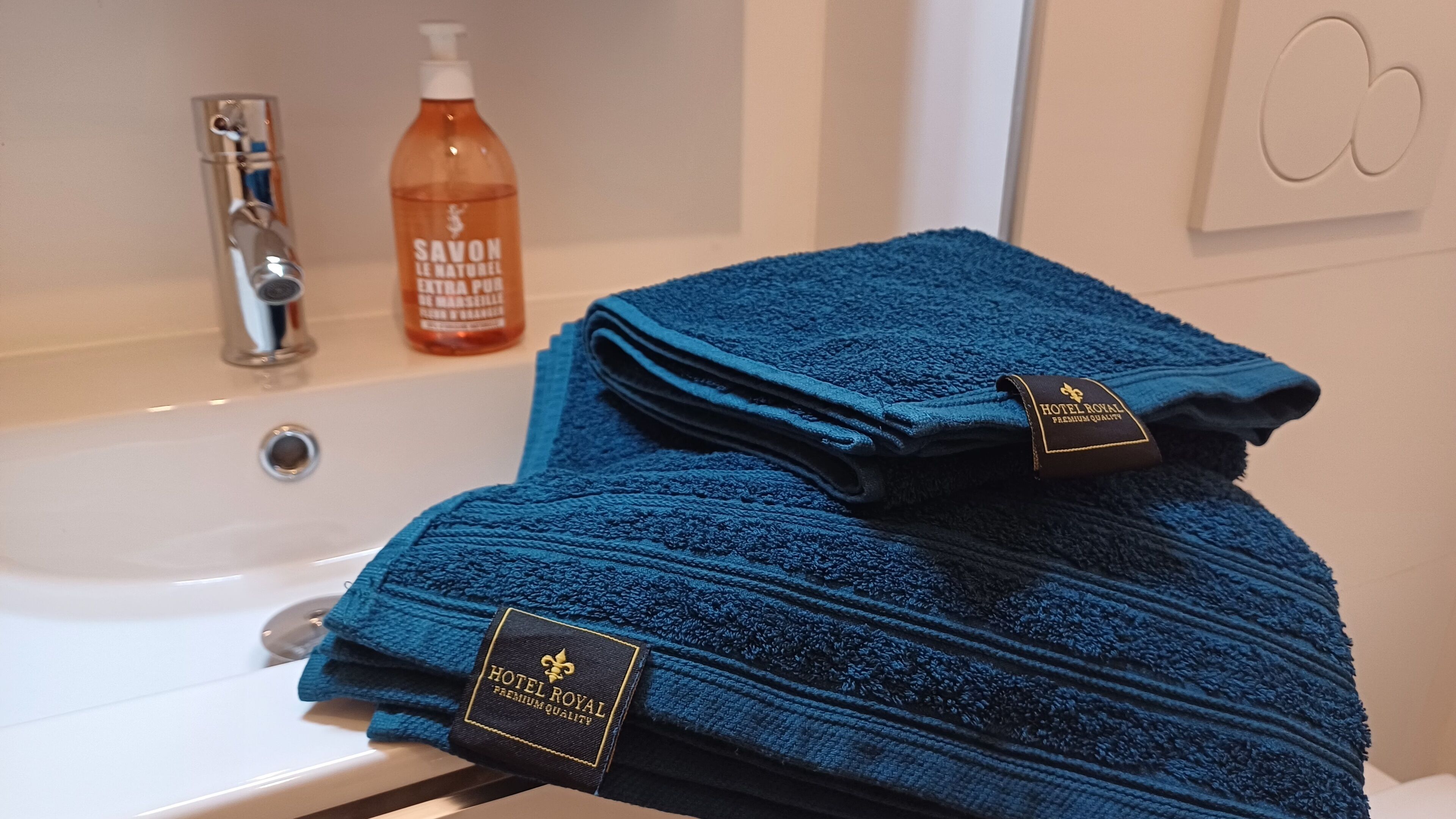 Un baño con un lavamanos blanco, una botella de jabón líquido Savon y dos toallas dobladas con etiquetas del Hotel Royal.