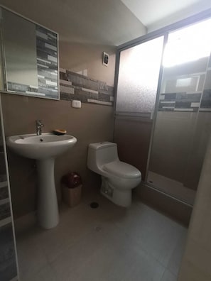 Chuveiro, toalhas de banho, sabonete, papel higiênico