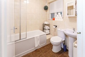 Hair dryer, towels, soap, toilet paper