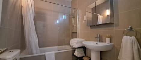 Hair dryer, towels, soap, toilet paper