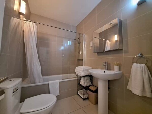 Hair dryer, towels, soap, toilet paper