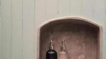 Shower, towels, soap, shampoo