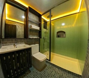 Douche, serviettes fournies, savon, shampoing