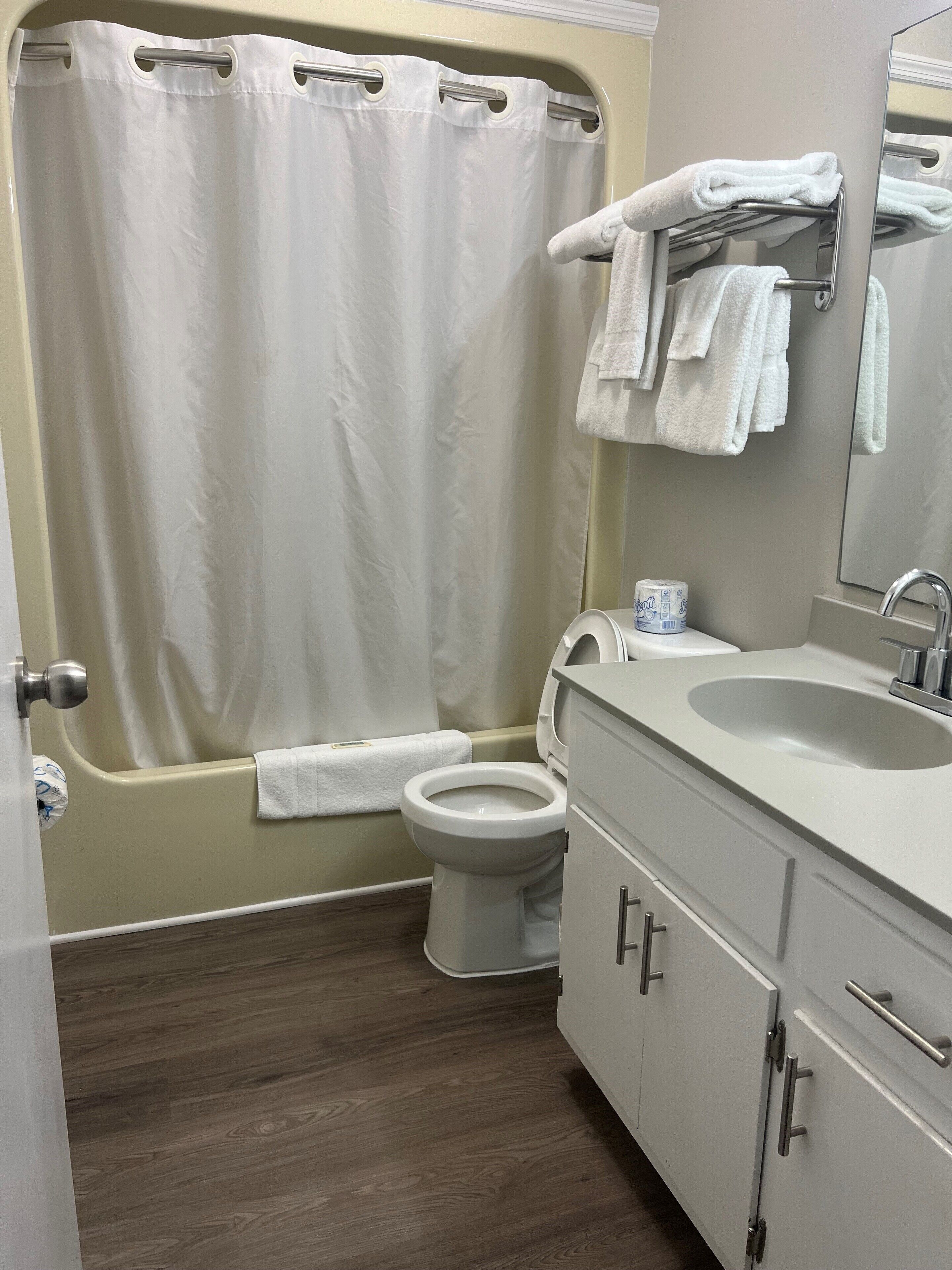 Une salle de bain avec une baignoire, des toilettes, un lavabo et un miroir.