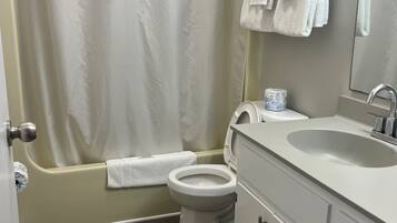 Une salle de bain avec une baignoire, des toilettes, un lavabo et un miroir.