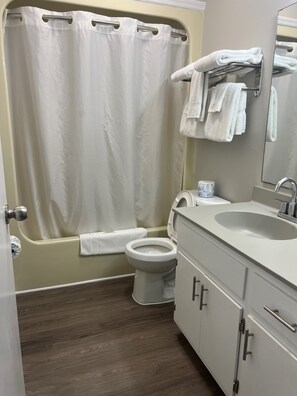 Un baño con bañera, inodoro, lavabo y espejo.