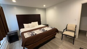 Une chambre à coucher avec un lit, une table de chevet, une chaise et un radiateur.