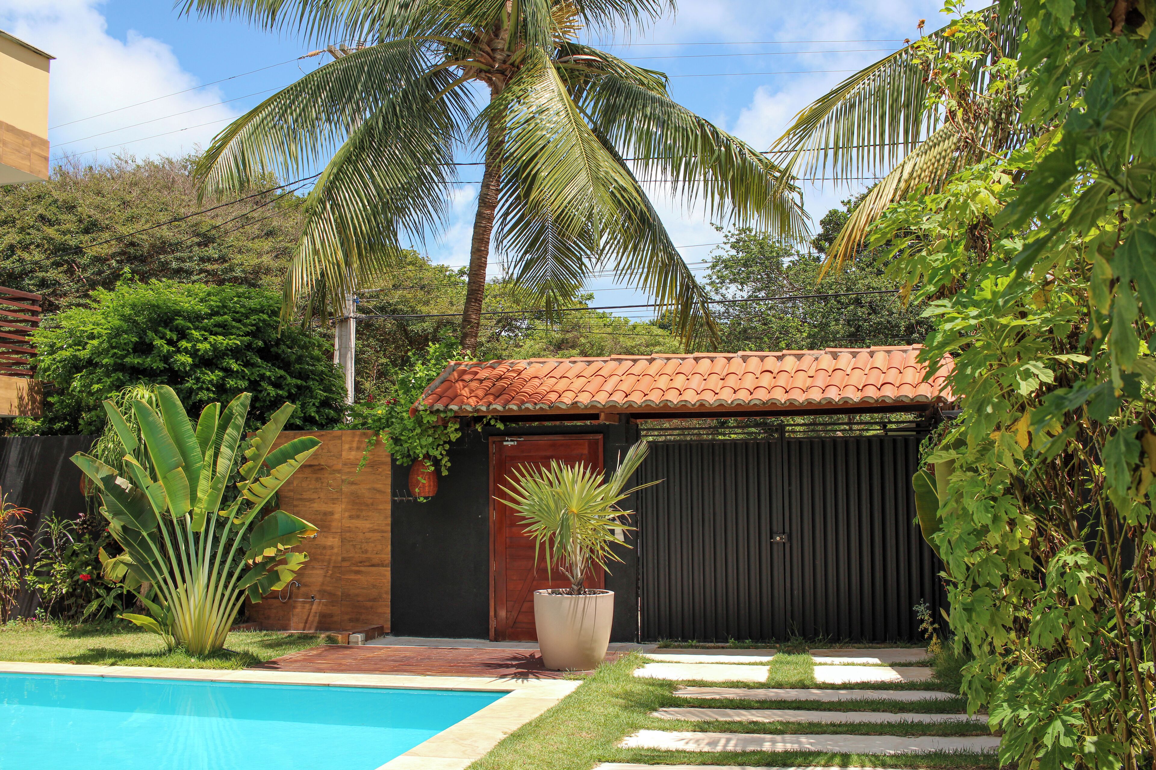 A pool area with a tiled roof, a palm tree, and a large planter.