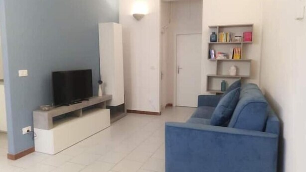 Ein Wohnzimmer mit einem Flachbildfernseher auf einem weißen Schrank, einem blauen Sofa und einem Bücherregal mit verschiedenen Gegenständen.