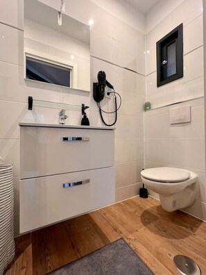 Secador de cabelo, toalhas de banho, sabonete, papel higiênico