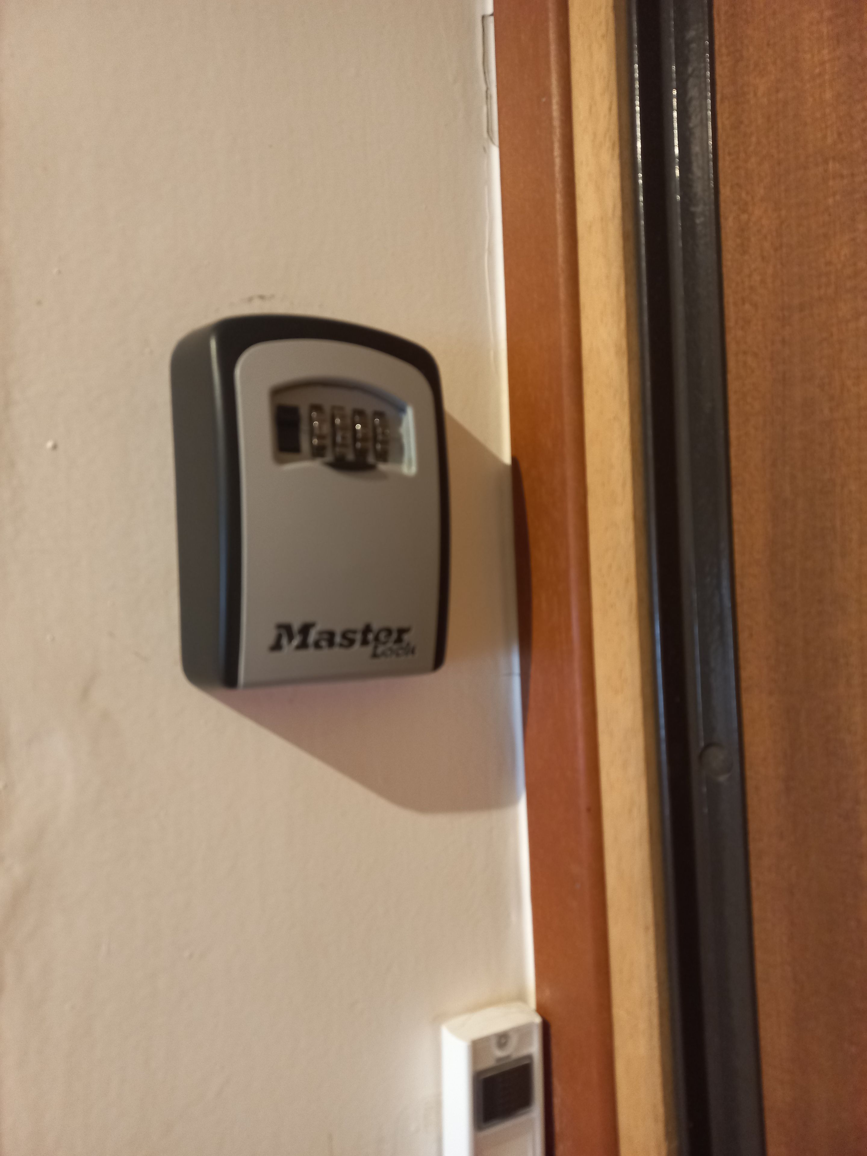 A door lock device labeled 'Master Lock' mounted on a wall.