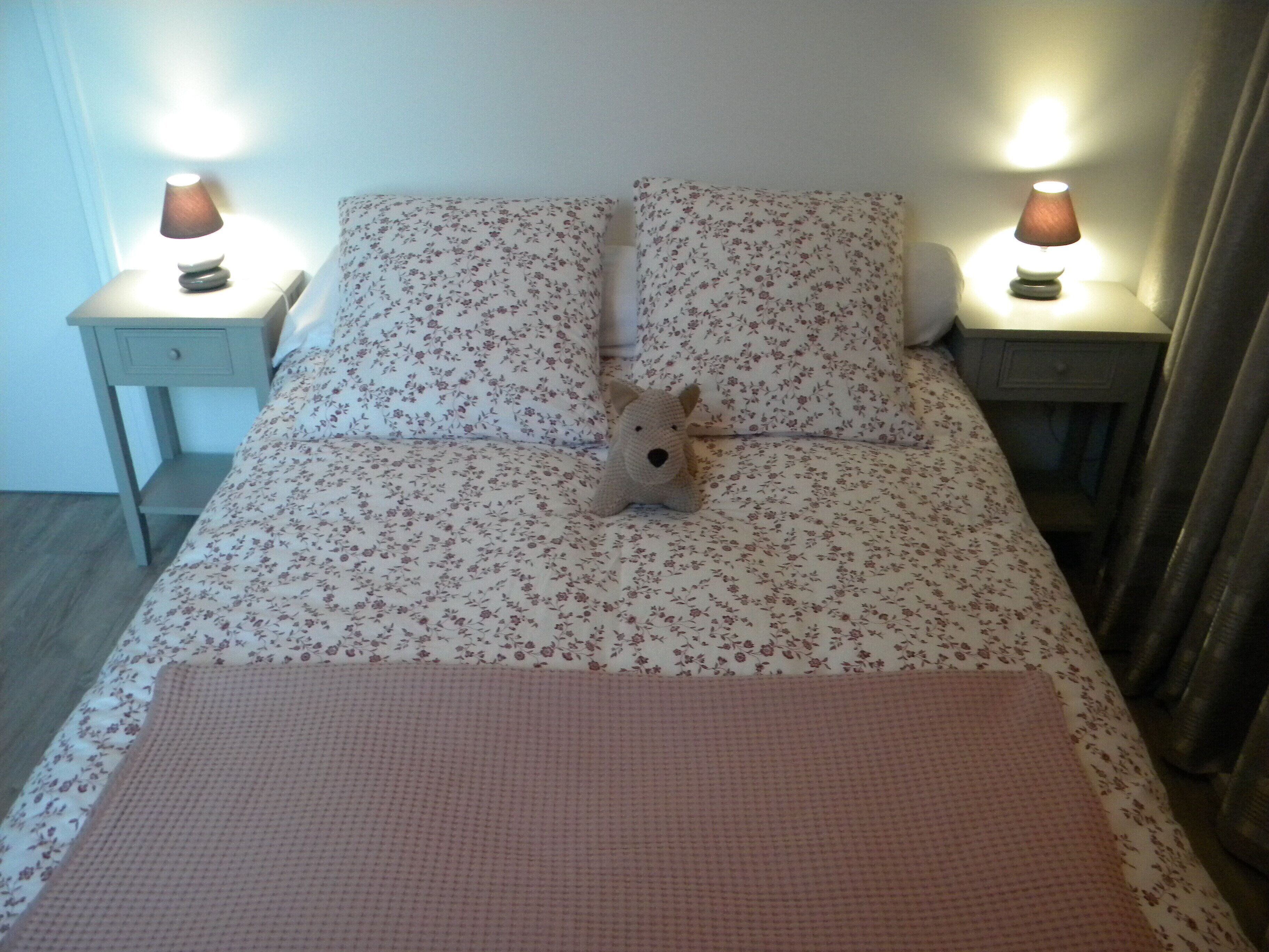 1 bedroom, desk, iron/ironing board, bed sheets