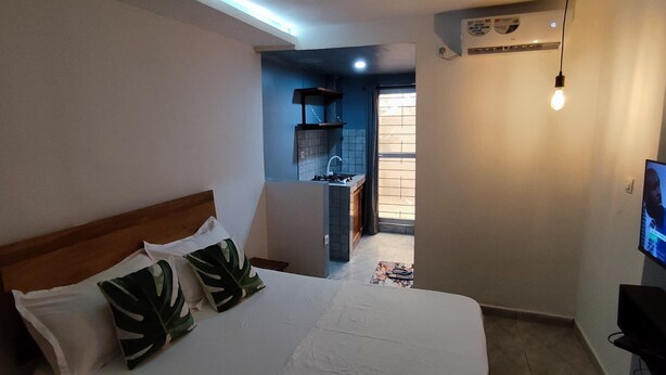 Un dormitorio con cama, televisión y una kitchenette al fondo.