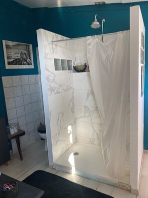 Shower, hair dryer, soap, shampoo