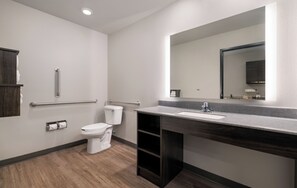 Room, 1 Queen Bed, Mobility Accessible (Hearing Impaired Roll in shower) | Bathroom | Free toiletries, hair dryer, towels, soap