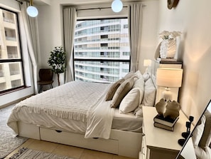 1 bedroom, desk, iron/ironing board, travel cot