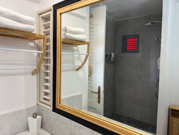 Bathroom features a shower area with a glass door and a bathtub, along with a toilet and towel storage.