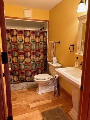 Ein kleines Badezimmer mit Toilette, Waschbecken und Duschvorhang.