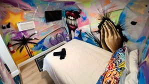 A room with a bed, a wall mural, a TV, and an air conditioning unit.
