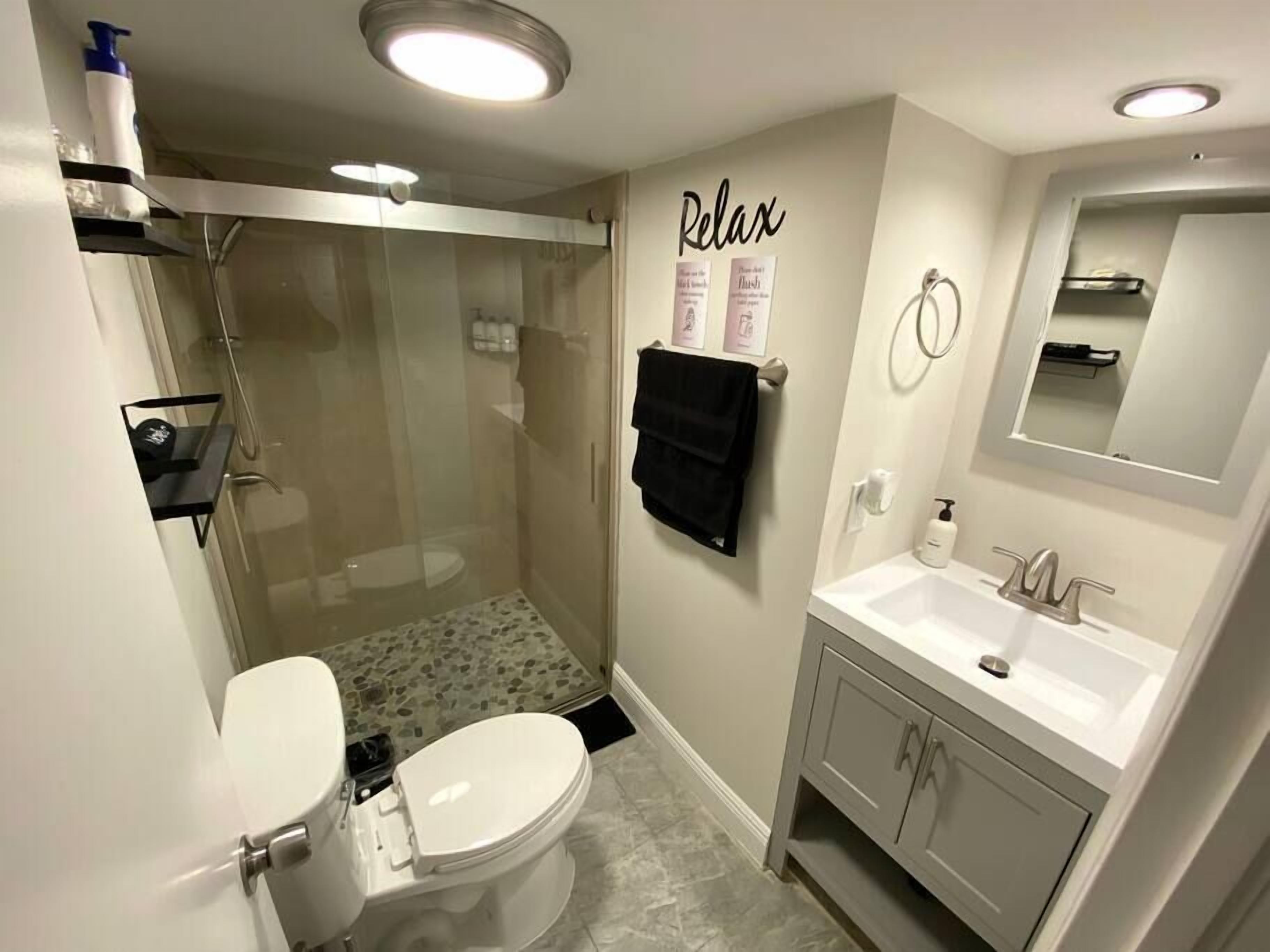 Shower, eco-friendly toiletries, hair dryer, soap