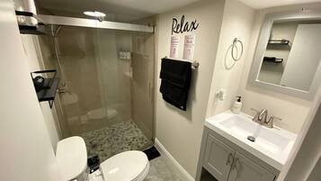 Shower, eco-friendly toiletries, hair dryer, soap