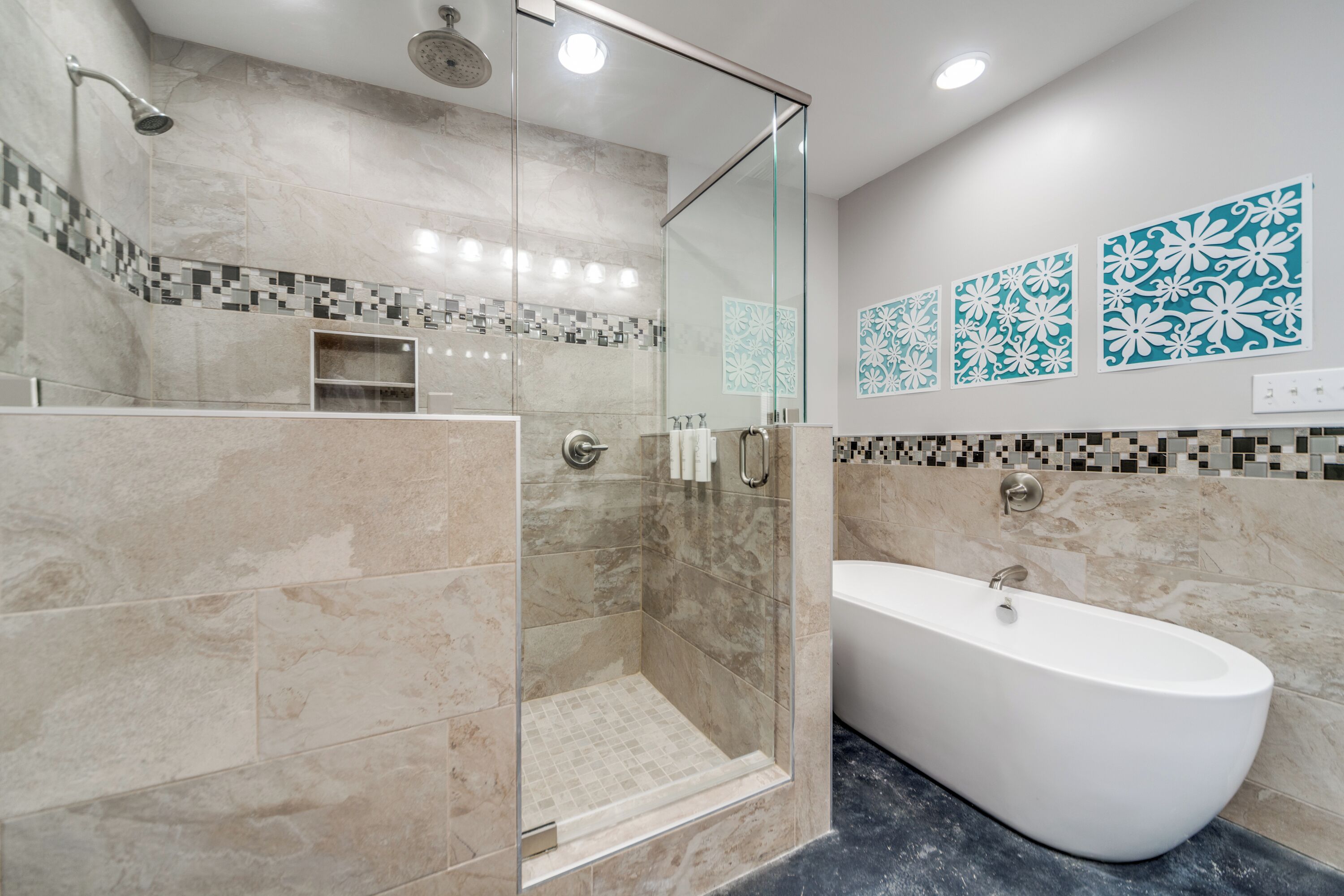 Hair dryer, towels, soap, shampoo