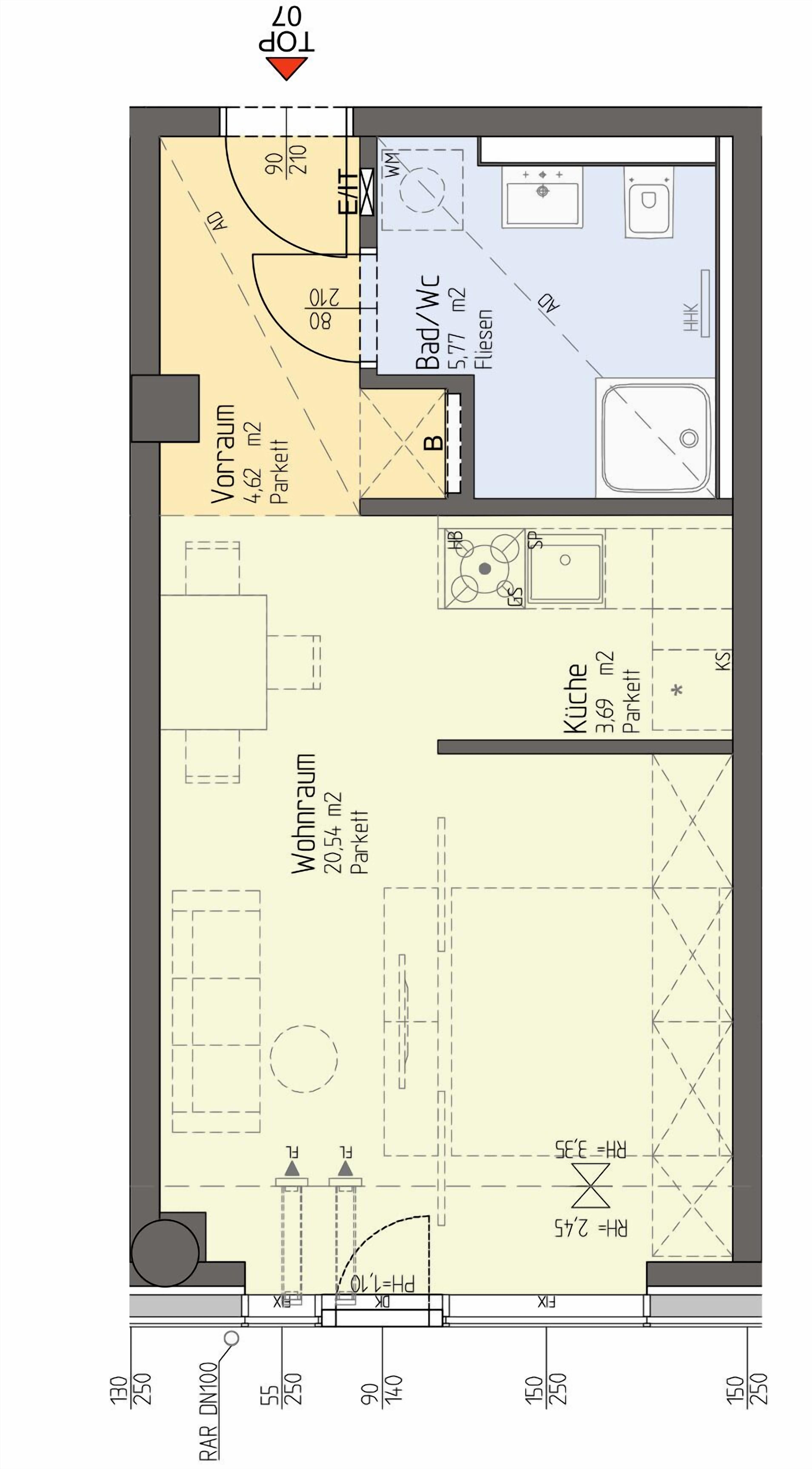 A floor plan of a hotel with a living room, kitchen, bathroom, and two bedrooms.