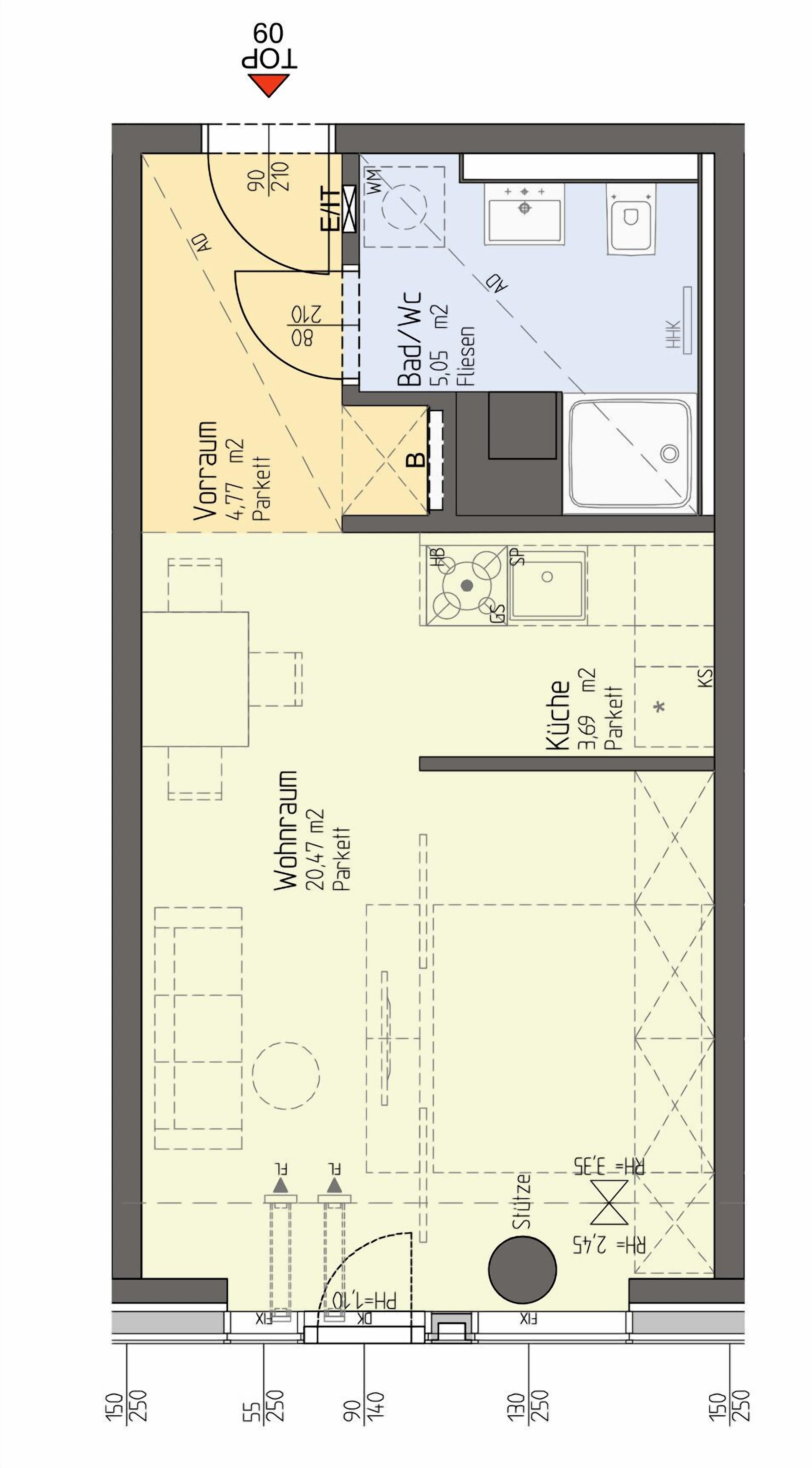 A floor plan of a hotel with a dining area, kitchen, and a small balcony.