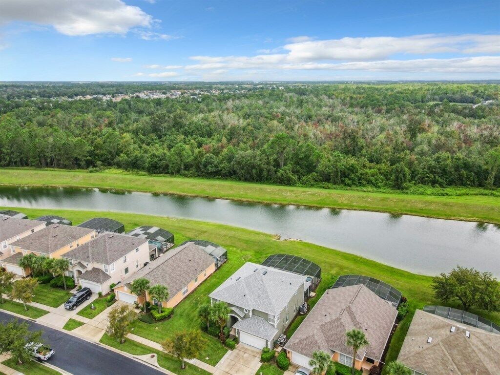 A residential area with houses, a lake, and a distant cityscape.